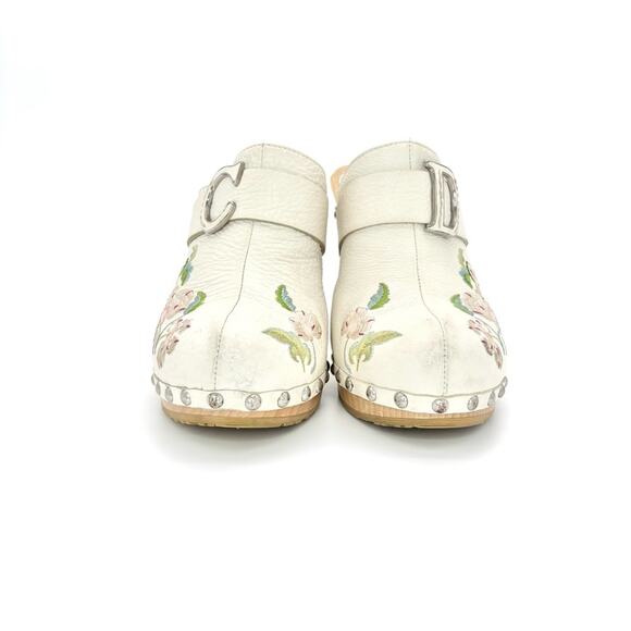 Vintage Dior Floral Embroidered White Leather Wooden Clogs 36.5 - Picture 5 of 7